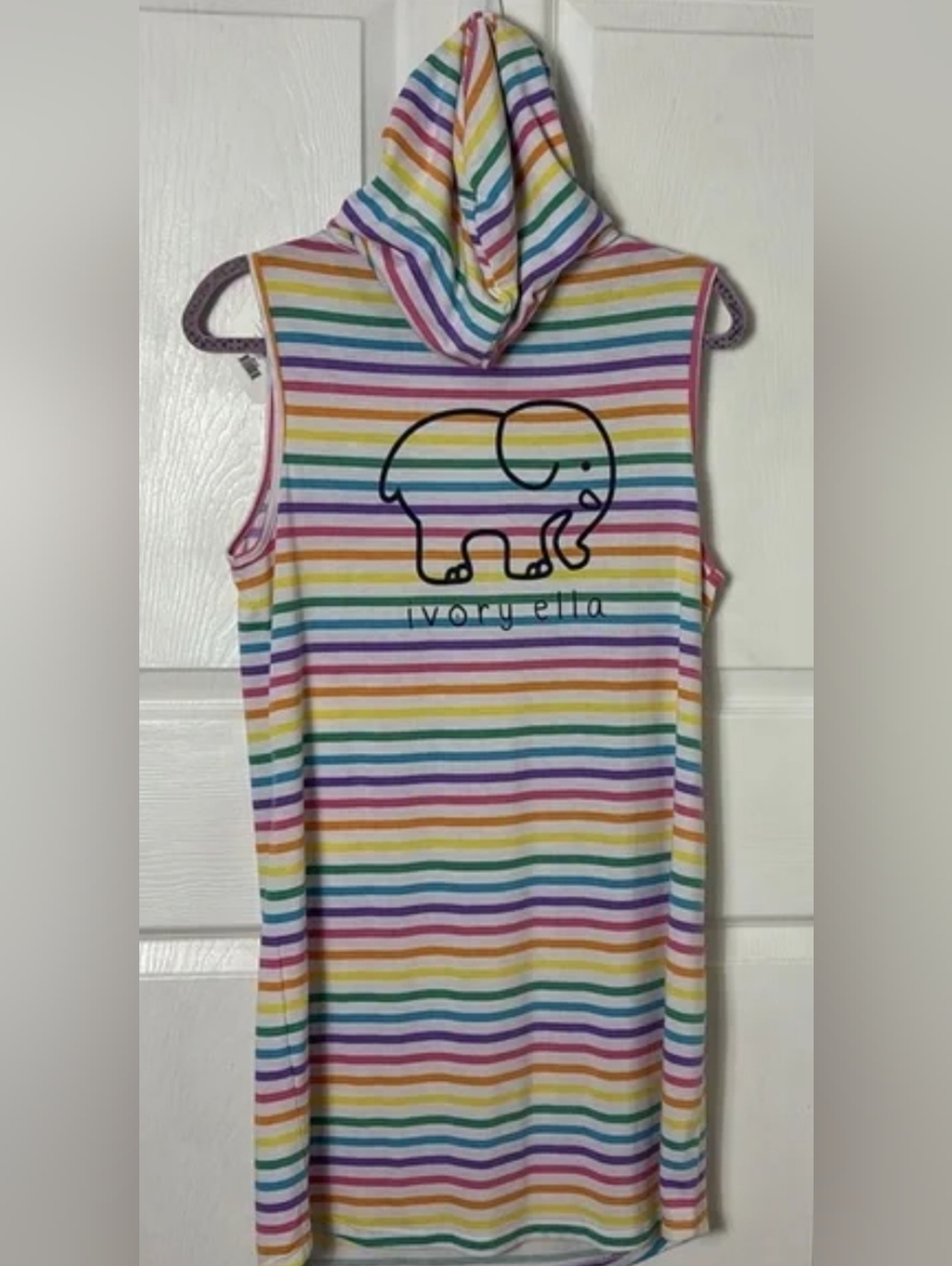 🆕Ivory Ella Rainbow Striped Sleeveless Dress w Hoodie Cover Up Sz L